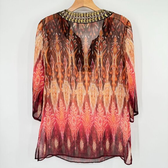Chico's 1 semi Sheer Tunic Top Beaded Neckline 3/4 sleeve Size medium - Picture 9 of 11